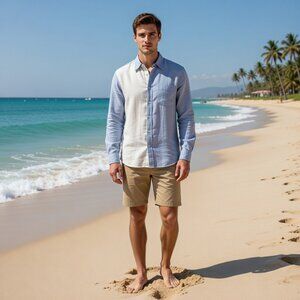 Vanity Men's‎ 100% Linen Blue Chambray Button Down, Size M